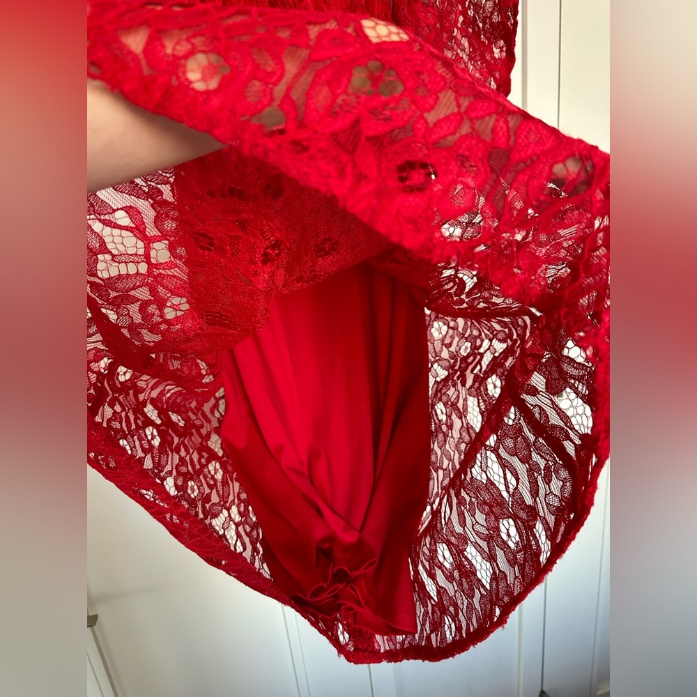 Zara Red Lace Midi Dress Button Down Size M Off-shoulder A Line Dress - Picture 13 of 15